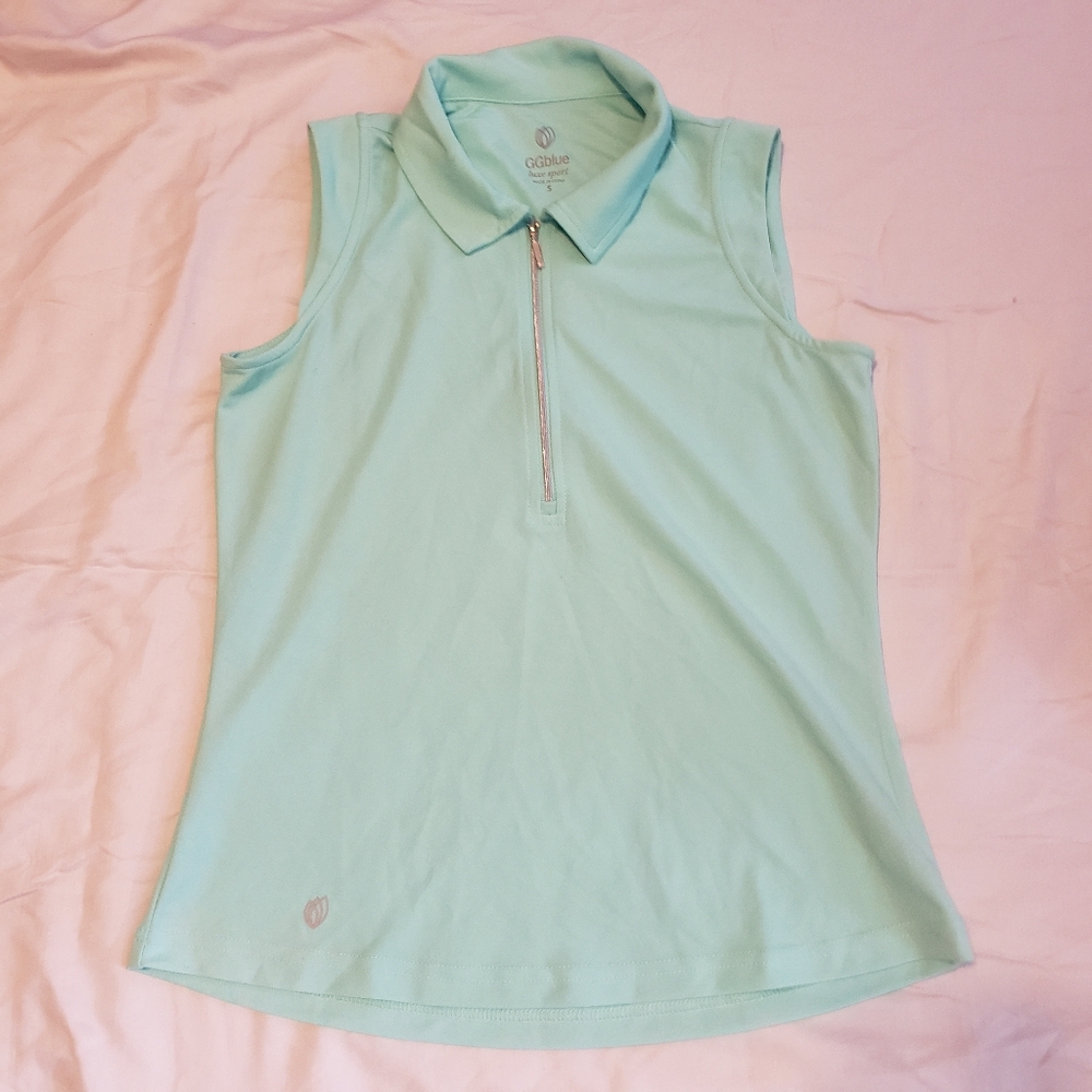GGBlue Luxe Sport Women's Sleeveless Polo Shirt Zip Up Light Blue Green Small